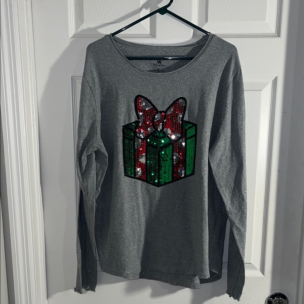 Disney Gray Long Sleeve Top with Sequin Gift Design